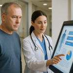 Eine Ärztin zeigt einem Patienten die Daten auf dem Bildschirm eines Digital-Signage-Systems in einer medizinischen Einrichtung.