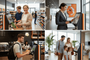 Was ein Digital-Signage-System ist, veranschaulicht eine Collage aus interaktiven Kiosksystemen in verschiedenen Umgebungen
