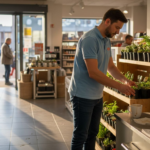 Ein Mitarbeiter ordnet die Waren im Geschäft neu – als Teil des Themas „Was bedeutet Indoor-Signage: Effektive Kommunikation im Geschäft“